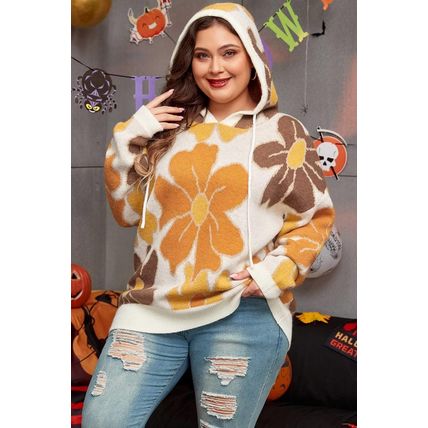 White Large Flower Knitted Drawstring Hooded Plus Size Sweater
