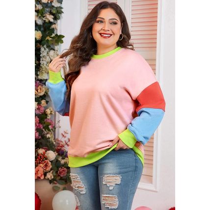 Light Pink Plus Size Colorblock Patchwork Crew Neck Sweatshirt