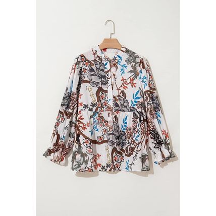 White Floral Print Balloon Sleeves Button Up Loose Casual Shirt