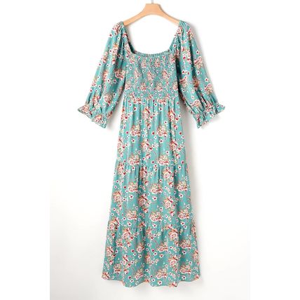 Green Plus Size Floral Print Square Neck Smocked Maxi Dress