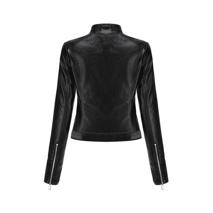 Black Faux Leather Snap Button Stand Neck Zipped Pocket Jacket