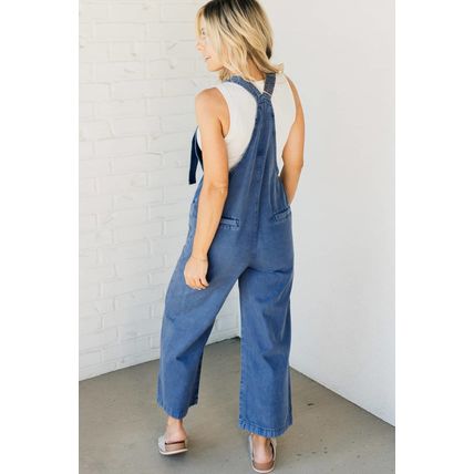 Prussian Blue Mineral Wash Knotted Strap Patched Pocket Wide Leg Denim Overalls