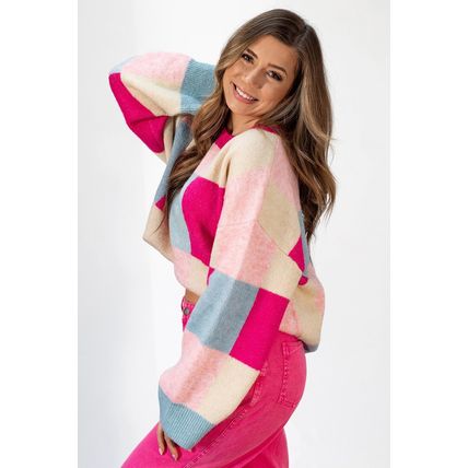 Rose Red Color Block Drop Shoulder Crewneck Loose Fit Sweater