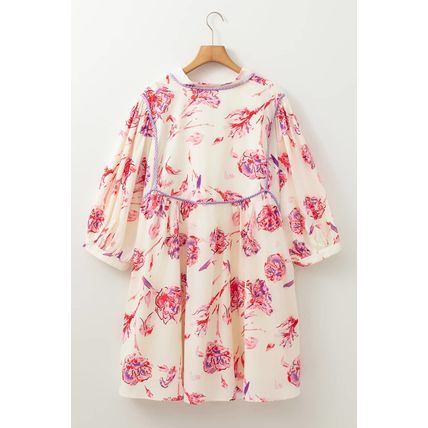 White Floral Print Lace up V Neck Balloon Sleeve Plus Size Shift Mini Dress