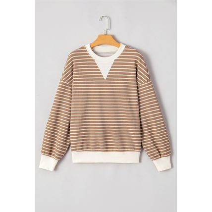 Khaki Stripe Patched Edge Textured Round Neck Long Sleeve Top