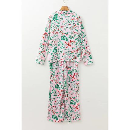 Pink Christmas Berries Plant Print Satin Long Sleeve Pajama Set