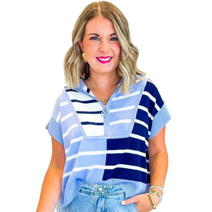 Sky Blue Stripe Colorblock Quarter Zip Collar Sweater Vest