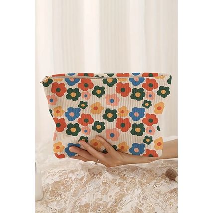 Red Colorful Flower Printed Rib Textured Cosmetic Bag