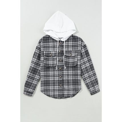 Black Plaid Print Flap Pockets Contrast Hooded Loose Shacket