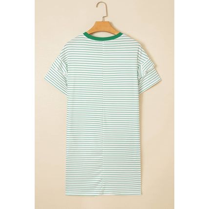 Green Stripe Ruffled Short Sleeve Crew Neck T Shirt Shift Mini Dress