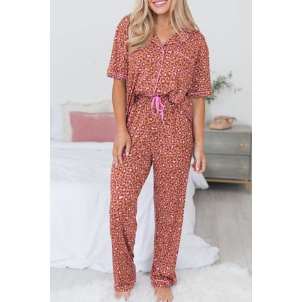 Brown Leopard Print Short Sleeve Shirt and Pants Pajamas Set