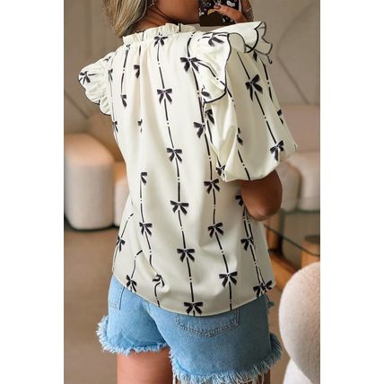 Beige Bow Printed Ruffled Bubble Sleeve Tied Notched V Neck Blouse