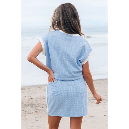 Beau Blue Contrast Trim Textured Crewneck Tee and Pocketed Skirt Set
