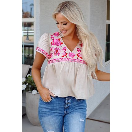 Beige Floral Embroidered Short Sleeve Notched V Neck Blouse