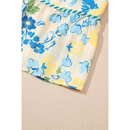 Blue Floral Striped Trim Puff Short Sleeve Dress