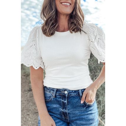 White Eyelet Pattern Short Sleeve Patchwork Ribbed Top