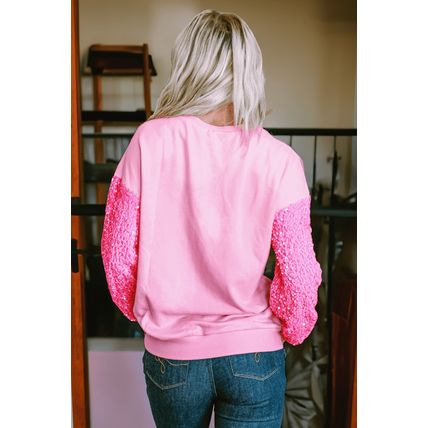 Pink Easter Egg Patched Sequin Sleeve Patchwork Crewneck Pullover Top