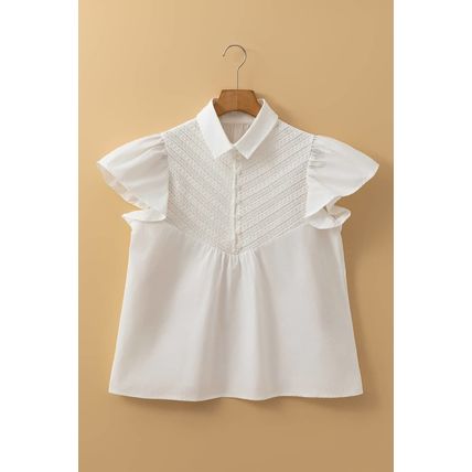 White Half Button Lace Patchwork Flutter Sleeve Blouse