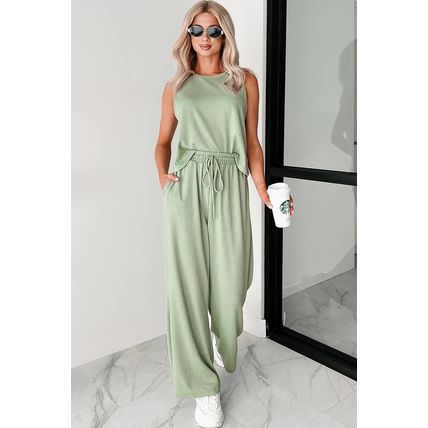 Smoke Green Textured Tank Top and Drawstring High Waist Pants Set