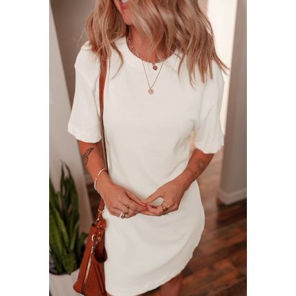 White Drop Shoulder Crew Neck Shift T Shirt Dress
