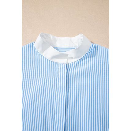Sky Blue Stripe Contrast Collar Patchwork Hidden Button Short Sleeve Summer Shir
