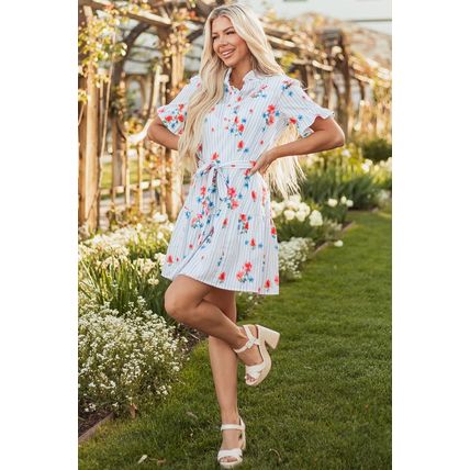 Sky Blue Stripe Floral Pattern Ruffle Short Sleeve Belted Mini Dress