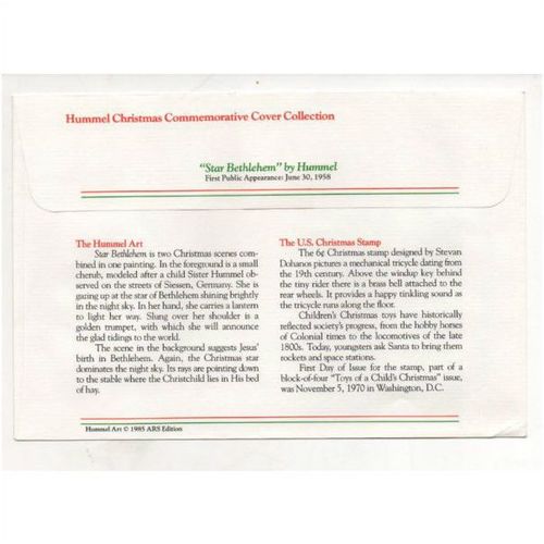 1985 'Star Bethlehem' Hummel Christmas Stamp cover, stamped Holy Cross, IA 1987