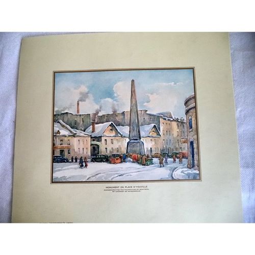 Vintage Paul Caron print Monument Place D'Youville Montreal Lithograph painting