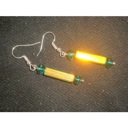 Transparent treated light green glass column & emerald crystal drop earrings