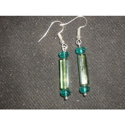 Transparent treated light green glass column & emerald crystal drop earrings