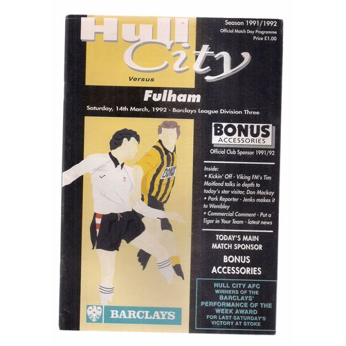 HULL CITY versus FULHAM .14th March, 1992 programme =