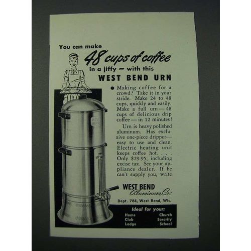 1949 West Bend Aluminum Coffee Urn Ad - 48 Cups of Coffee