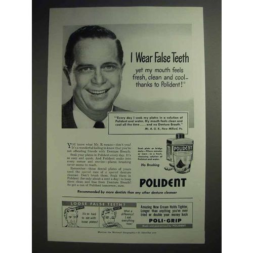 1950 Polident Ad - I Wear False Teeth