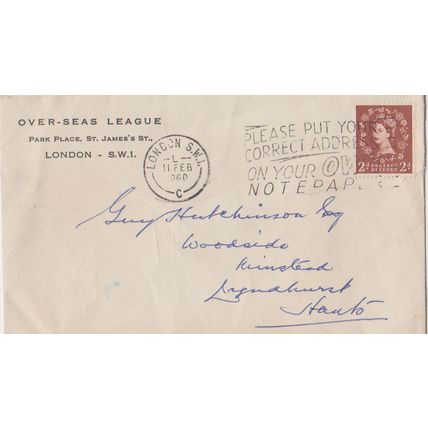 GB 1960 cover London to Hants from Overseas League with slogan