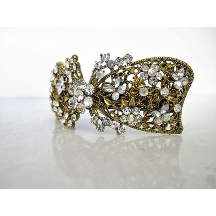 Large bronze gold bow leaves flowers amber purple blue crystal hair barrette