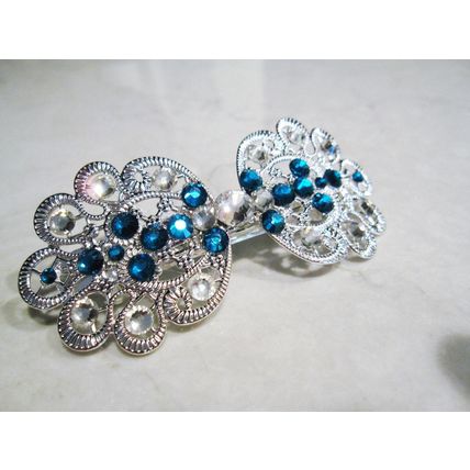 Silver filigree hair clip barrette with blue crystals bridal hair clip