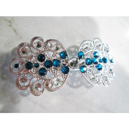Silver filigree hair clip barrette with blue crystals bridal hair clip