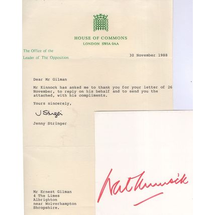 Neil Kinnock Hand Signed House Of Commons Letter Autograph Card