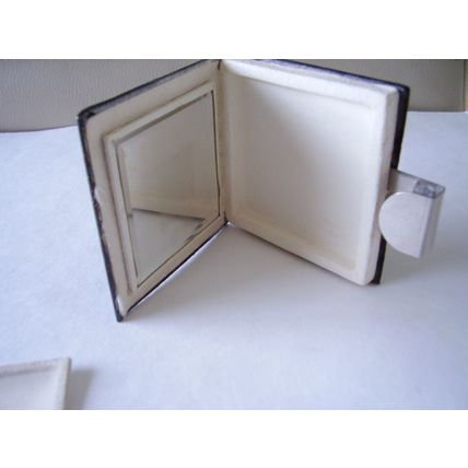 Art Deco Square Powder Compact Embroidered Vintage Needlepoint Black Grosgrain