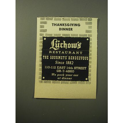1960 Luchow's Restaurant Ad - Thanksgiving Dinner