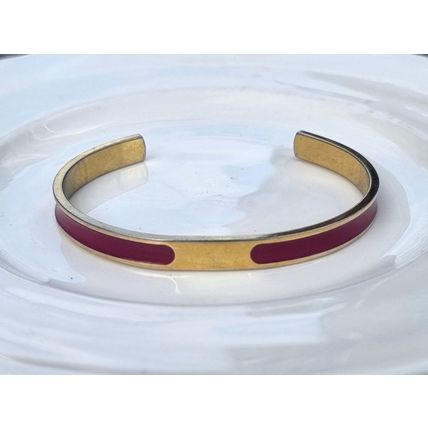 Gold Tone Cuff Bracelet with Deep Pink Enamel, Minimalist Adjustable Bangle