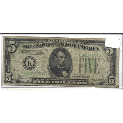 1934-A US green seal $5.00 fine