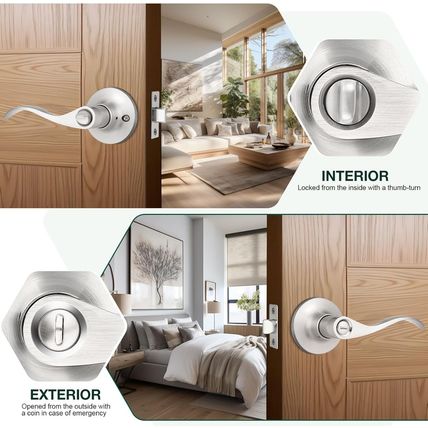 GOBEKOR 8 Pack Brushed Nickel Privacy Door Levers Bedroom Bathroom Door Handles