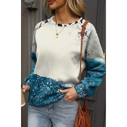 Blue Tie Dye Cow Color Block Pullover Sweatshirt