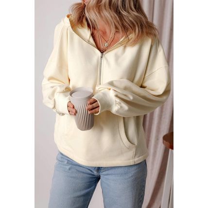 Beige Fleece Lined Half Zipper Kangaroo Pockets Loose Hoodie