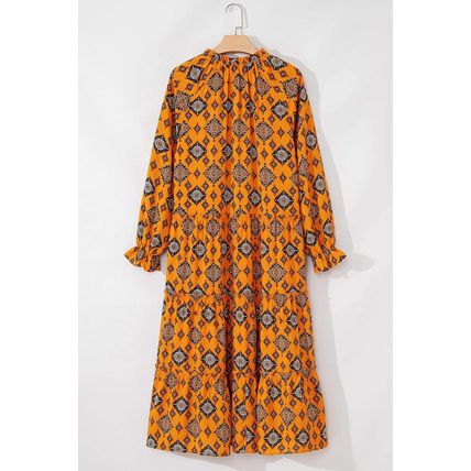 Orange Western Geometric Print Tiered Frilled Loose Fit Midi Dress