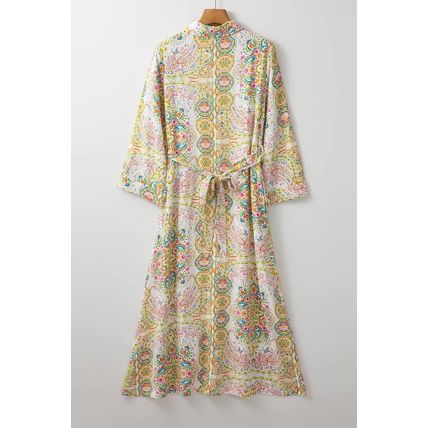 White Paisley Print Buttoned Knotted High Waist Midi Dress