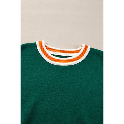 Blackish Green Colorblock Striped Trim Drop Shoulder Sweater