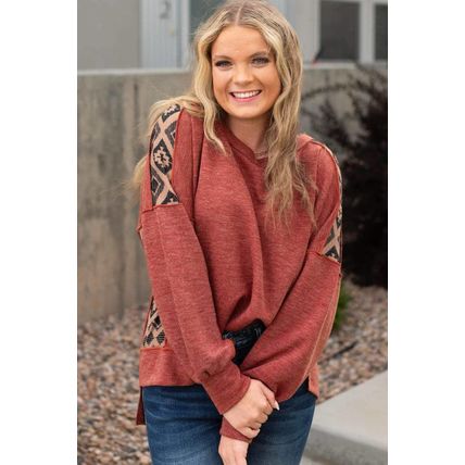 Redwood Burl Aztec Patchwork Drop Shoulder Plus Size High Low Sweatshirt