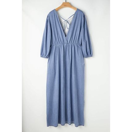 Myosotis Chambray Deep V Neck Bracelet Sleeve Maxi Dress